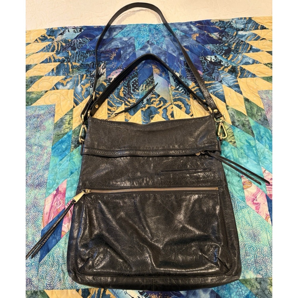 HOBO Black Leather Shoulder Bag Double Strap Handbag Vertical Zip Pocket Slouchy
